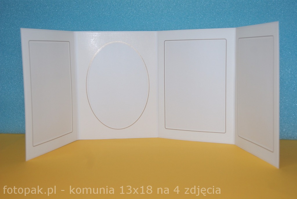 Rozłożony album komunijny na 4 zdjęcia 13×18 cm – trzy okienka prostokątne i jedno owalne